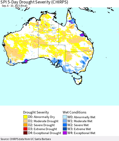 Australia SPI 5-Day Drought Severity (CHIRPS) Thematic Map For 9/6/2023 - 9/10/2023