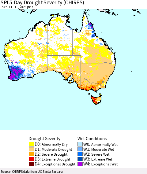 Australia SPI 5-Day Drought Severity (CHIRPS) Thematic Map For 9/11/2023 - 9/15/2023
