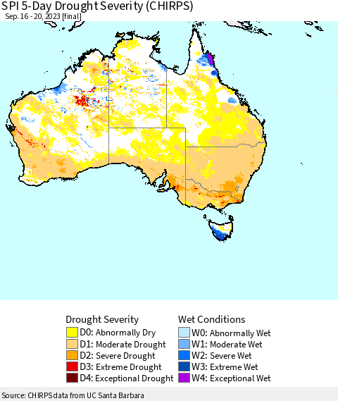 Australia SPI 5-Day Drought Severity (CHIRPS) Thematic Map For 9/16/2023 - 9/20/2023