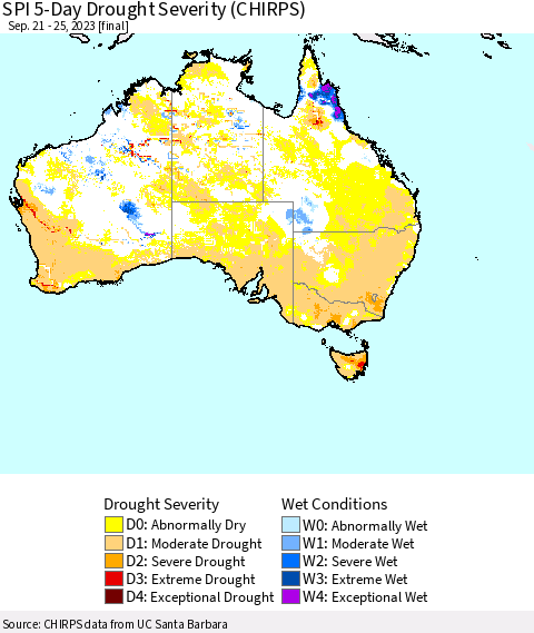 Australia SPI 5-Day Drought Severity (CHIRPS) Thematic Map For 9/21/2023 - 9/25/2023