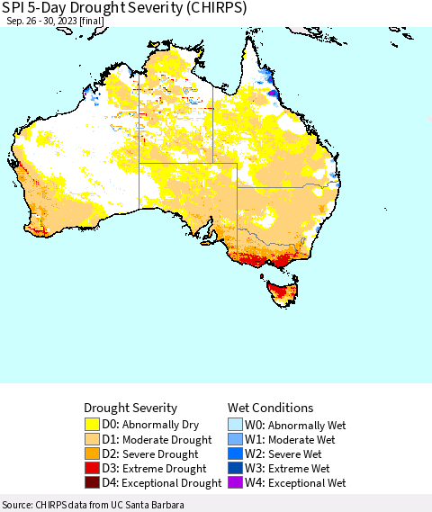 Australia SPI 5-Day Drought Severity (CHIRPS) Thematic Map For 9/26/2023 - 9/30/2023