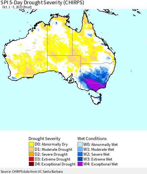 Australia SPI 5-Day Drought Severity (CHIRPS) Thematic Map For 10/1/2023 - 10/5/2023