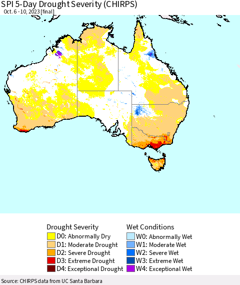 Australia SPI 5-Day Drought Severity (CHIRPS) Thematic Map For 10/6/2023 - 10/10/2023