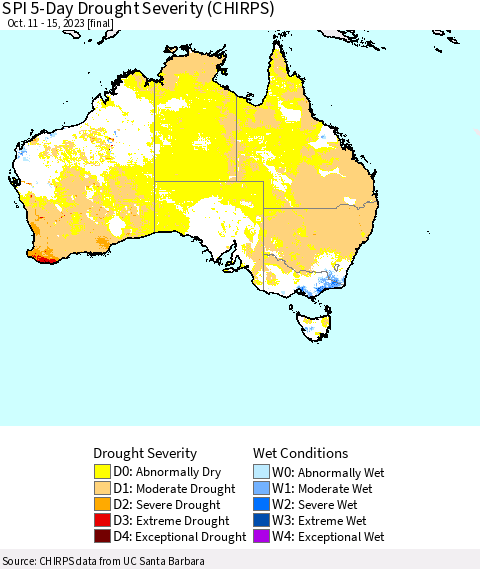 Australia SPI 5-Day Drought Severity (CHIRPS) Thematic Map For 10/11/2023 - 10/15/2023