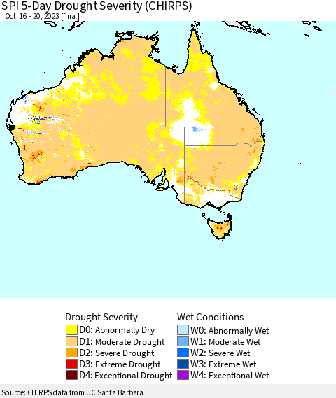 Australia SPI 5-Day Drought Severity (CHIRPS) Thematic Map For 10/16/2023 - 10/20/2023