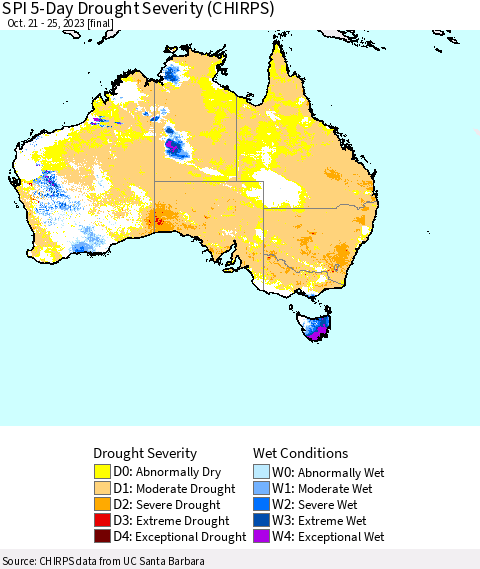 Australia SPI 5-Day Drought Severity (CHIRPS) Thematic Map For 10/21/2023 - 10/25/2023