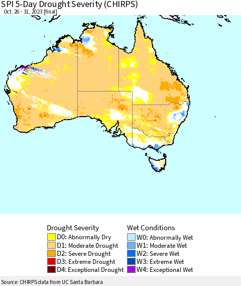 Australia SPI 5-Day Drought Severity (CHIRPS) Thematic Map For 10/26/2023 - 10/31/2023