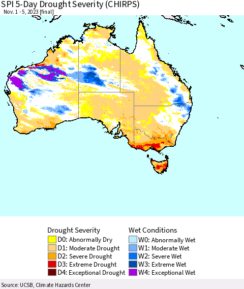 Australia SPI 5-Day Drought Severity (CHIRPS) Thematic Map For 11/1/2023 - 11/5/2023