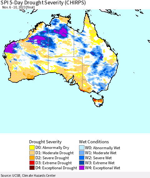 Australia SPI 5-Day Drought Severity (CHIRPS) Thematic Map For 11/6/2023 - 11/10/2023