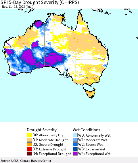 Australia SPI 5-Day Drought Severity (CHIRPS) Thematic Map For 11/11/2023 - 11/15/2023