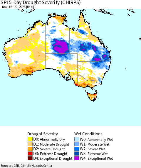 Australia SPI 5-Day Drought Severity (CHIRPS) Thematic Map For 11/16/2023 - 11/20/2023