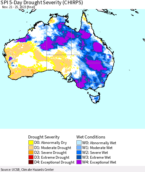 Australia SPI 5-Day Drought Severity (CHIRPS) Thematic Map For 11/21/2023 - 11/25/2023
