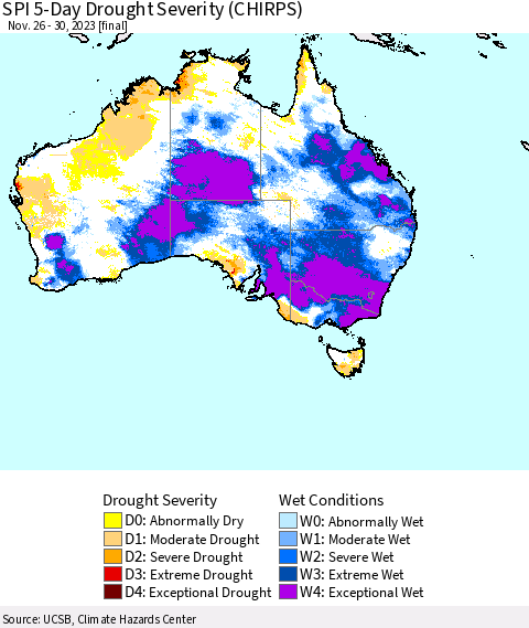 Australia SPI 5-Day Drought Severity (CHIRPS) Thematic Map For 11/26/2023 - 11/30/2023