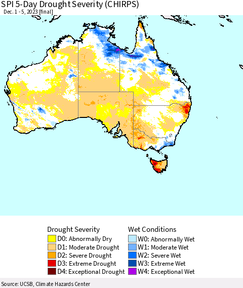 Australia SPI 5-Day Drought Severity (CHIRPS) Thematic Map For 12/1/2023 - 12/5/2023
