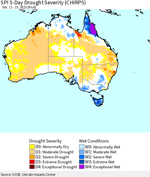 Australia SPI 5-Day Drought Severity (CHIRPS) Thematic Map For 12/11/2023 - 12/15/2023