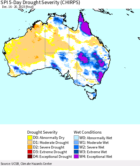 Australia SPI 5-Day Drought Severity (CHIRPS) Thematic Map For 12/16/2023 - 12/20/2023