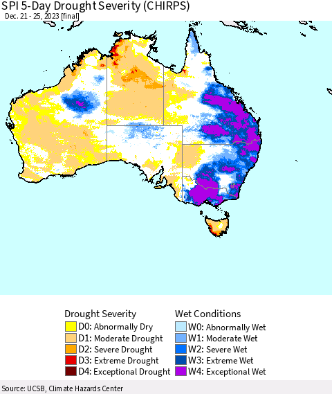 Australia SPI 5-Day Drought Severity (CHIRPS) Thematic Map For 12/21/2023 - 12/25/2023