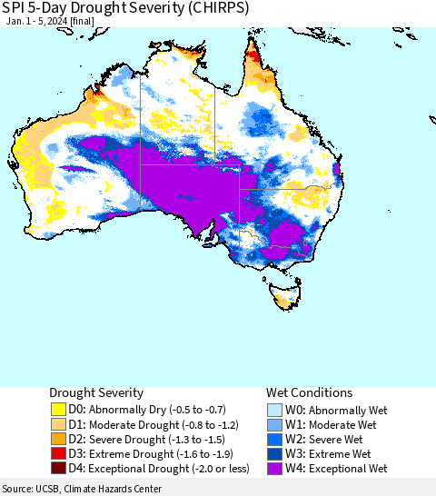 Australia SPI 5-Day Drought Severity (CHIRPS) Thematic Map For 1/1/2024 - 1/5/2024