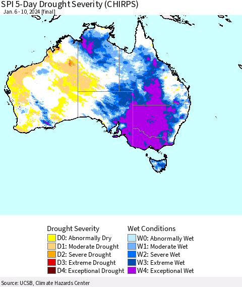 Australia SPI 5-Day Drought Severity (CHIRPS) Thematic Map For 1/6/2024 - 1/10/2024