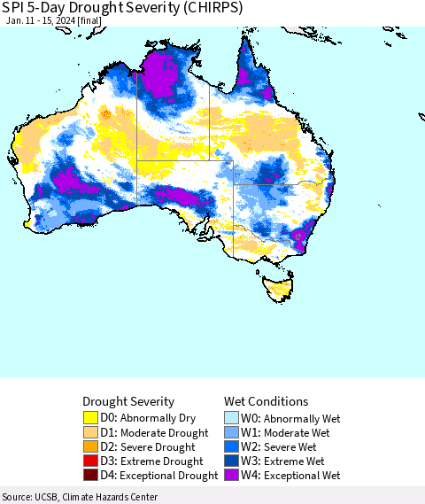 Australia SPI 5-Day Drought Severity (CHIRPS) Thematic Map For 1/11/2024 - 1/15/2024