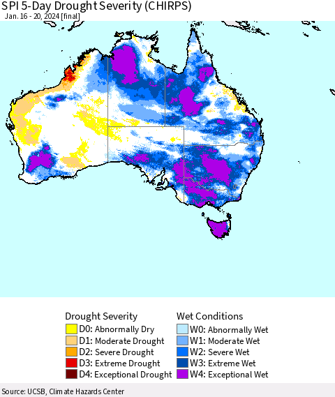 Australia SPI 5-Day Drought Severity (CHIRPS) Thematic Map For 1/16/2024 - 1/20/2024