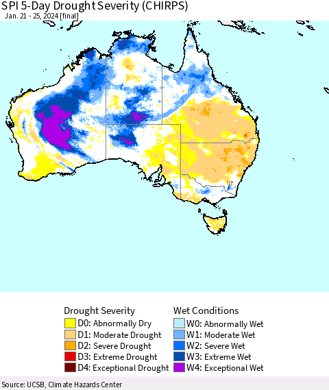 Australia SPI 5-Day Drought Severity (CHIRPS) Thematic Map For 1/21/2024 - 1/25/2024
