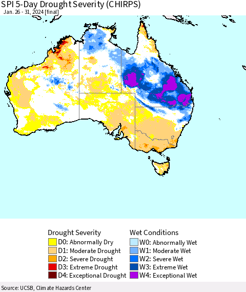 Australia SPI 5-Day Drought Severity (CHIRPS) Thematic Map For 1/26/2024 - 1/31/2024