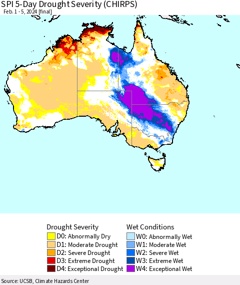 Australia SPI 5-Day Drought Severity (CHIRPS) Thematic Map For 2/1/2024 - 2/5/2024
