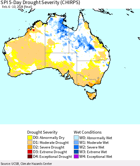 Australia SPI 5-Day Drought Severity (CHIRPS) Thematic Map For 2/6/2024 - 2/10/2024