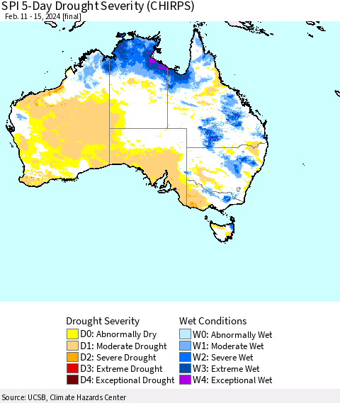 Australia SPI 5-Day Drought Severity (CHIRPS) Thematic Map For 2/11/2024 - 2/15/2024
