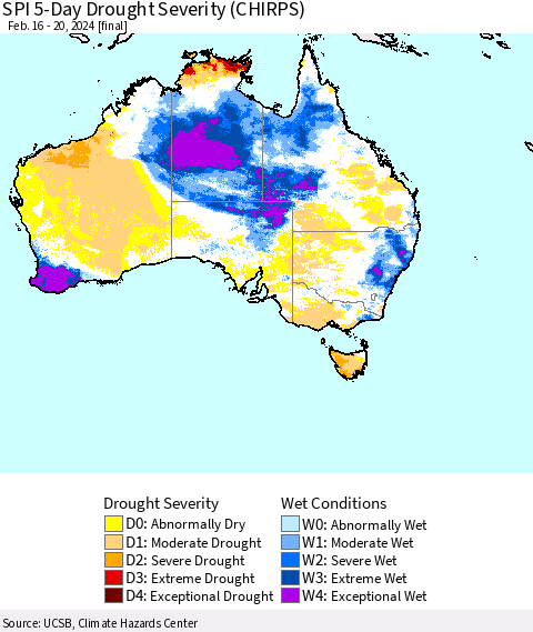 Australia SPI 5-Day Drought Severity (CHIRPS) Thematic Map For 2/16/2024 - 2/20/2024