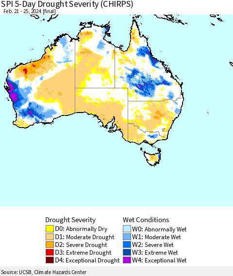 Australia SPI 5-Day Drought Severity (CHIRPS) Thematic Map For 2/21/2024 - 2/25/2024