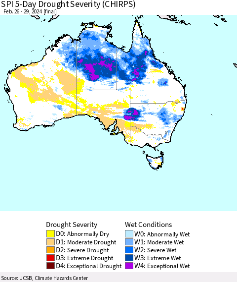 Australia SPI 5-Day Drought Severity (CHIRPS) Thematic Map For 2/26/2024 - 2/29/2024