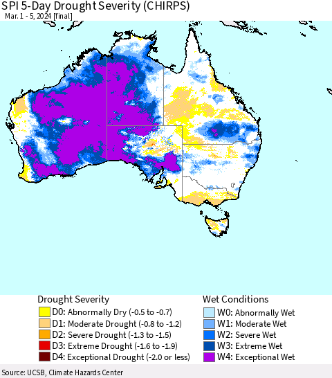 Australia SPI 5-Day Drought Severity (CHIRPS) Thematic Map For 3/1/2024 - 3/5/2024