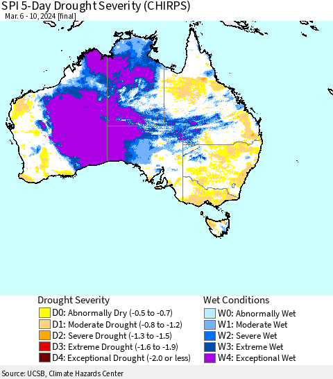 Australia SPI 5-Day Drought Severity (CHIRPS) Thematic Map For 3/6/2024 - 3/10/2024