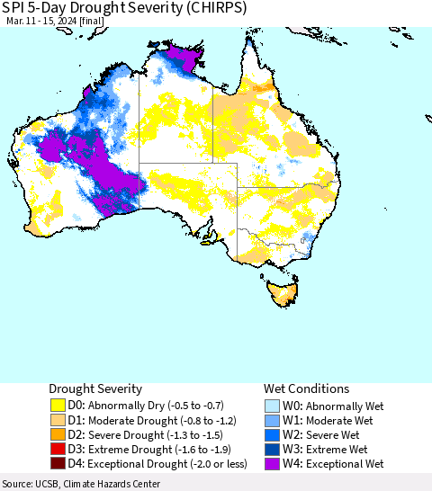 Australia SPI 5-Day Drought Severity (CHIRPS) Thematic Map For 3/11/2024 - 3/15/2024
