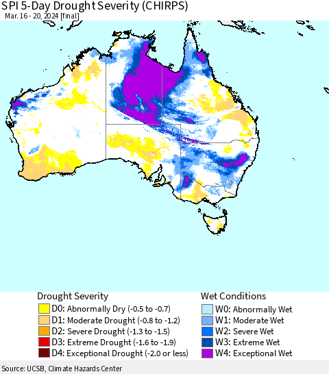 Australia SPI 5-Day Drought Severity (CHIRPS) Thematic Map For 3/16/2024 - 3/20/2024