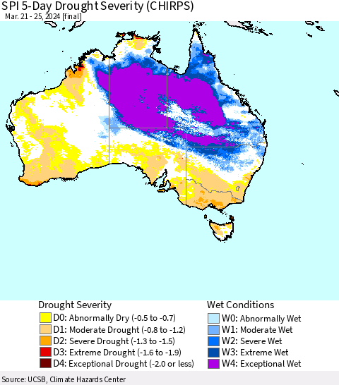 Australia SPI 5-Day Drought Severity (CHIRPS) Thematic Map For 3/21/2024 - 3/25/2024