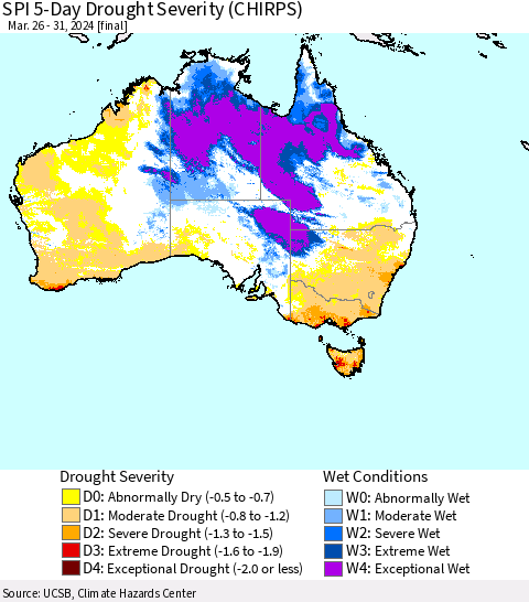 Australia SPI 5-Day Drought Severity (CHIRPS) Thematic Map For 3/26/2024 - 3/31/2024