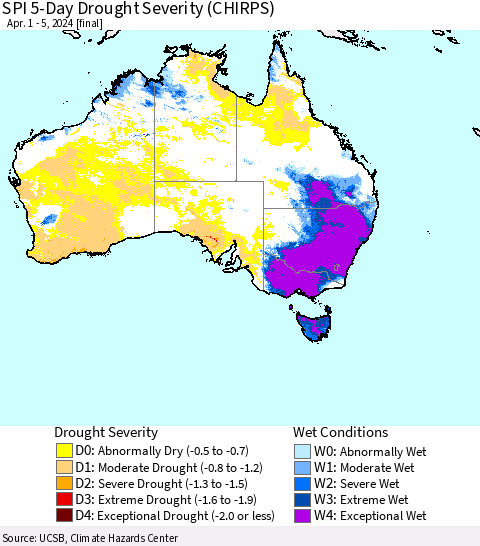 Australia SPI 5-Day Drought Severity (CHIRPS) Thematic Map For 4/1/2024 - 4/5/2024