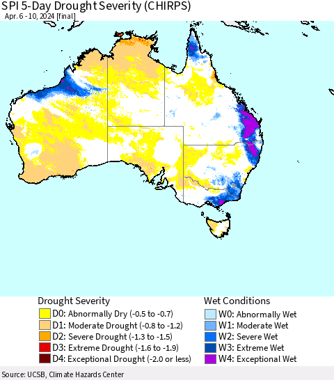 Australia SPI 5-Day Drought Severity (CHIRPS) Thematic Map For 4/6/2024 - 4/10/2024