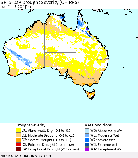 Australia SPI 5-Day Drought Severity (CHIRPS) Thematic Map For 4/11/2024 - 4/15/2024