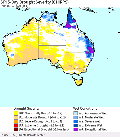 Australia SPI 5-Day Drought Severity (CHIRPS) Thematic Map For 4/16/2024 - 4/20/2024