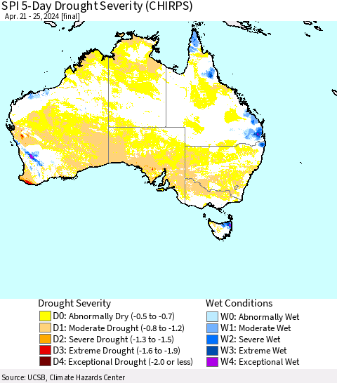 Australia SPI 5-Day Drought Severity (CHIRPS) Thematic Map For 4/21/2024 - 4/25/2024