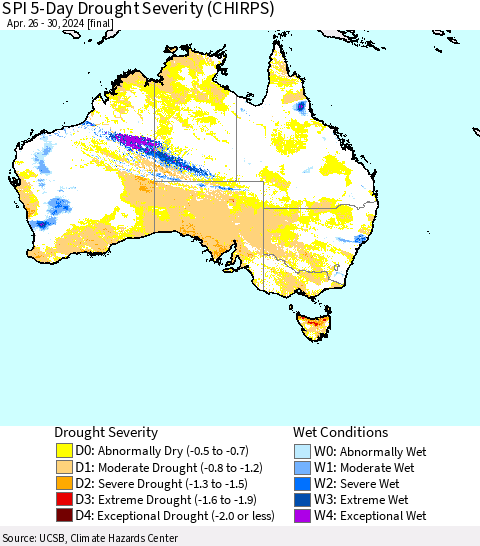 Australia SPI 5-Day Drought Severity (CHIRPS) Thematic Map For 4/26/2024 - 4/30/2024