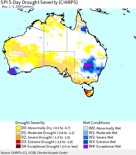 Australia SPI 5-Day Drought Severity (CHIRPS) Thematic Map For 5/1/2024 - 5/5/2024