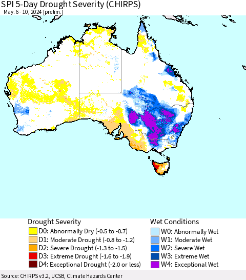 Australia SPI 5-Day Drought Severity (CHIRPS) Thematic Map For 5/6/2024 - 5/10/2024