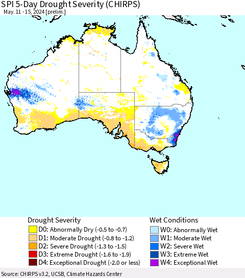 Australia SPI 5-Day Drought Severity (CHIRPS) Thematic Map For 5/11/2024 - 5/15/2024