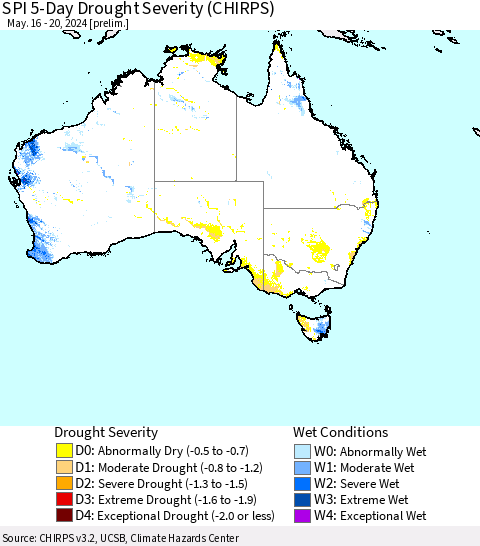 Australia SPI 5-Day Drought Severity (CHIRPS) Thematic Map For 5/16/2024 - 5/20/2024