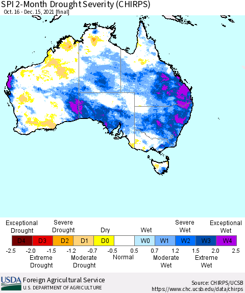 Australia SPI 2-Month Drought Severity (CHIRPS) Thematic Map For 10/16/2021 - 12/15/2021